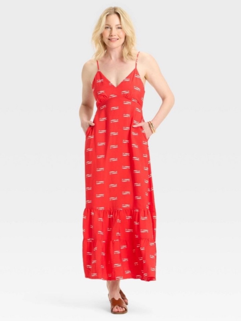 a new day Red Spaghetti Strap Maxi Dress with White fish print Coastal Summer